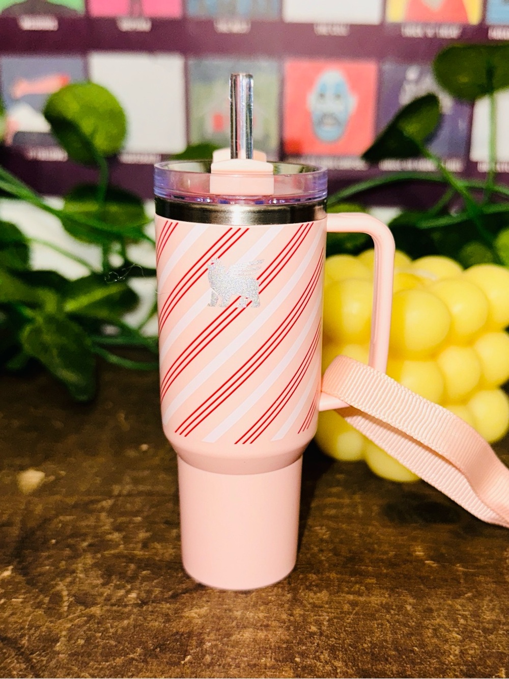 Stanley Tumbler Cup Pink Peppermint Candy Cane Print Holiday Christmas Ornament